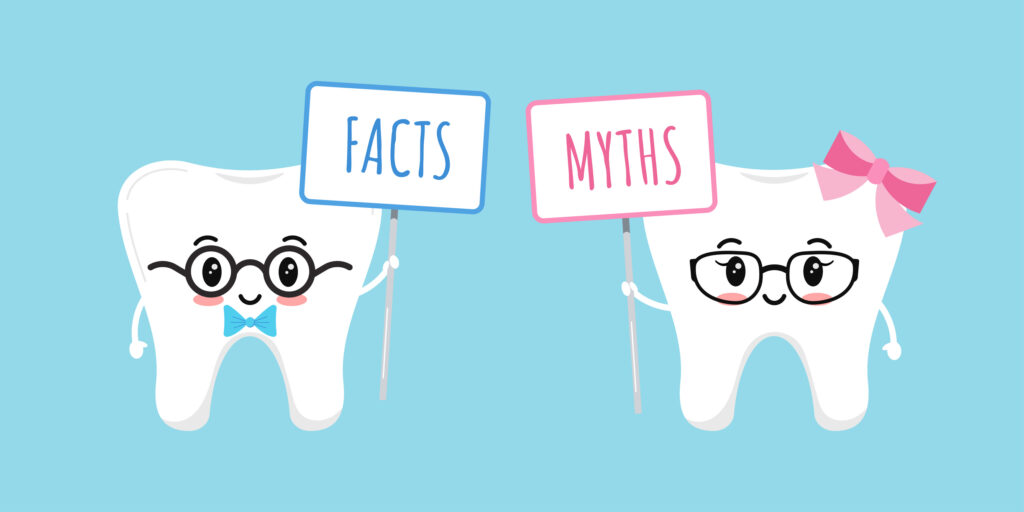 Cute tooth with fact and myth plates. Dental true or fiction education concept, dentistry character girl and boy in glasses. Flat cartoon design vector illustration happy kawaii teeth character.