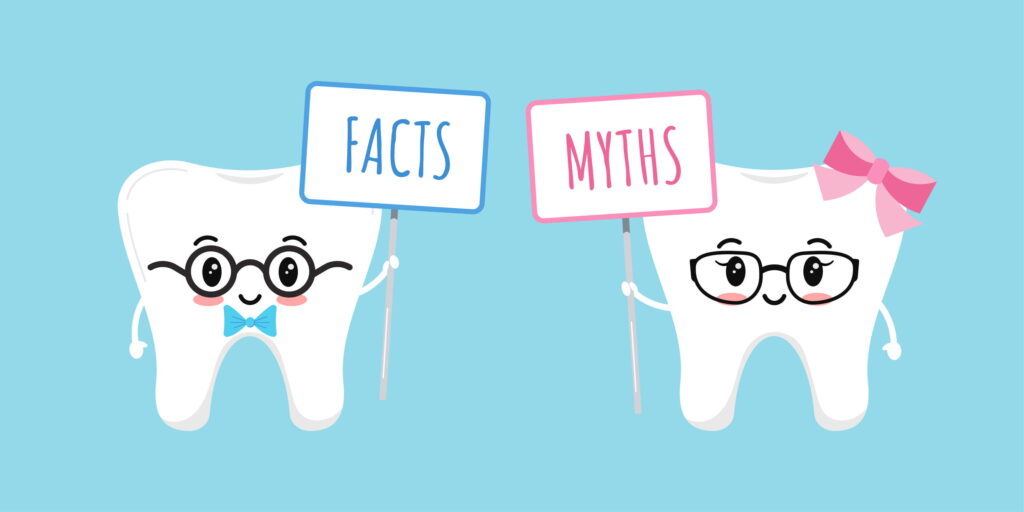 Cartoon teeth holding fact and myth signs to explain common dental myths in Fenton, MO